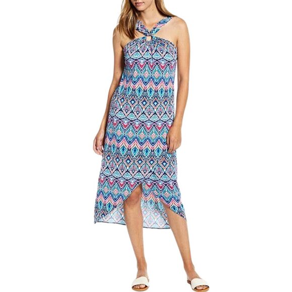 Tommy Bahama, Prima Peacock Halter Midi Dress, Amalfi Sea, Blue, Teal, Red Multi - Picture 2 of 11